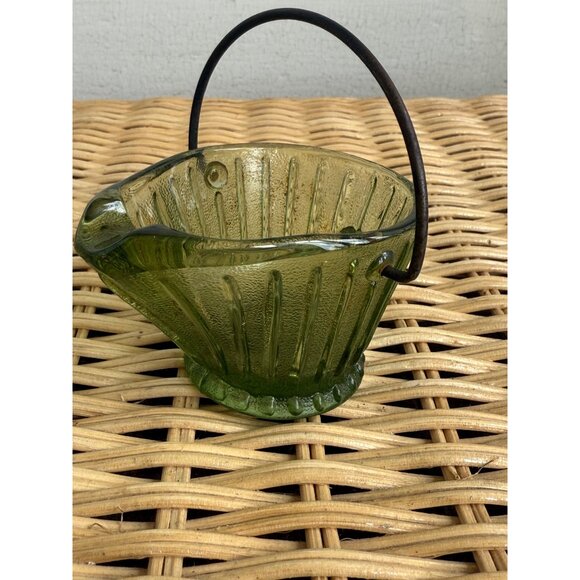 VIntage MCM Hazel Atlas Green Glass Mini coal bucket ashtray - Picture 5 of 7